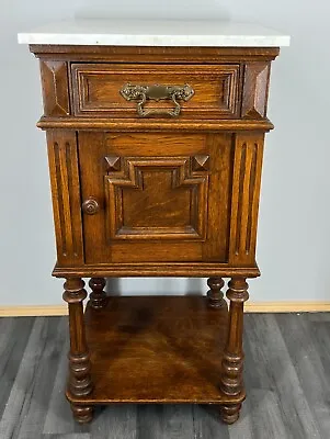 Carved French Antique Bedside Table Cupboard Cabinet With Marble Top (LOT 2534) • £199