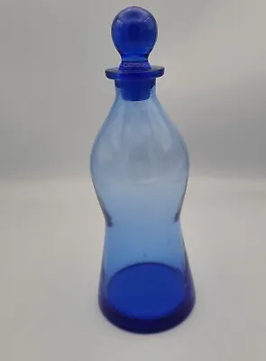 VTG COBALT Blue HANDBLOWN Glass Jar Translucent Bottle With Stopper • £18.34