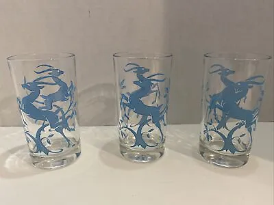 3 Vintage Clear Glass 5-inch Tumbler Drinking Glass W/Blue Deer/Gazelle Design • $29.98