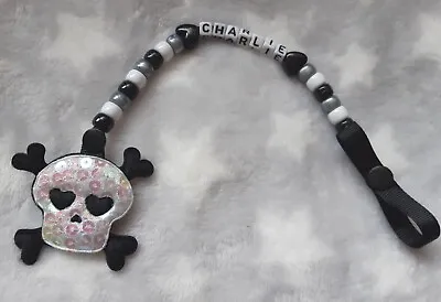 Baby Boy/girl White Large Sequin Skull Halloween Personalised Dummy Holder Clip • £6