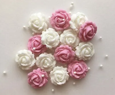 £3 • Buy Pink And White Roses - Edible Sugar Paste - Cup Cake Decorations, Toppers