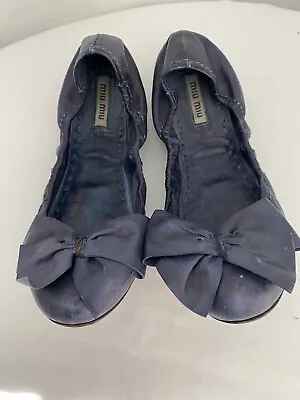 Miu Miu Dark Purplish Blue Leather Bow Ballerina Flats Women Size 36.5/ 6.5 • $74.99