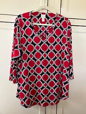 CHICO'S ~Artsy ~Red/Black~3/4 SLV~Caged Neckline~Liquid Knit Top/Blouse~Size~2=L • $14.99