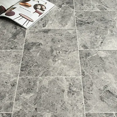 £0.99 • Buy Grey Marble Tile Effect Vinyl Flooring Felt Backed Bathroom Kitchen Hall Lino