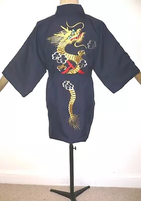 Fab Men's Vintage Japanese Silky Blue Kimono Style Dressing Gown Gold Dragon • £37.99