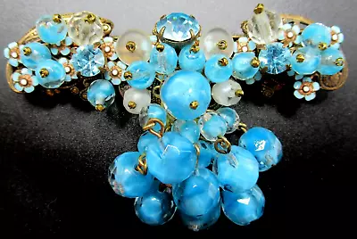 MIRIAM HASKELL Gorgeous Blue Glass Bead Enamel Flowers Vintage Pin Brooch • $249.99