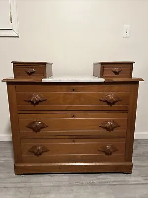 Antique Maple 3 Drawer Dresser With White Marble Top • $450