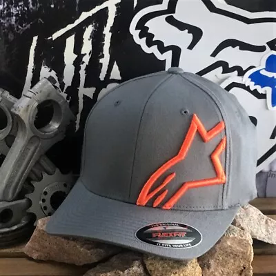 Alpinestar Mens Cap Corp Shift Flex Fit Mx Skate Curved Brim Cotton Grey/orange • $39.95