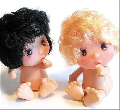 2 THUMB SUCKER BABY DOLLS Tiny 3 1/2  Seated BIG EYE Hong Kong Vintage 1970s • $22