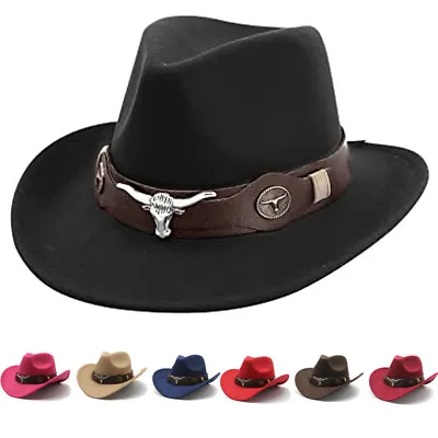 Retro Mens Western Cowboy Felt Fedora Hat Wide Brim Panama Jazz Hat With Belt • £8.79