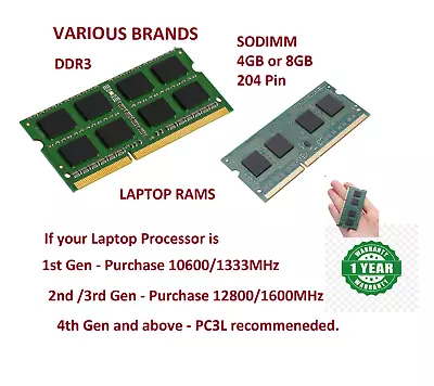 Laptop RAM Memory PC3 PC3L  DDR3 RAM SODIMM 4GB / 8GB 1333 1600 12800 10600 • $16