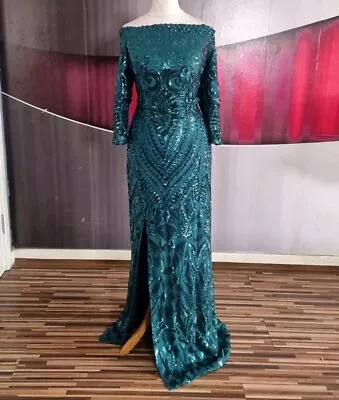 Gorgeous Quiz Green Sequin Bardot Long Evening Dress Size 16 • £10.50