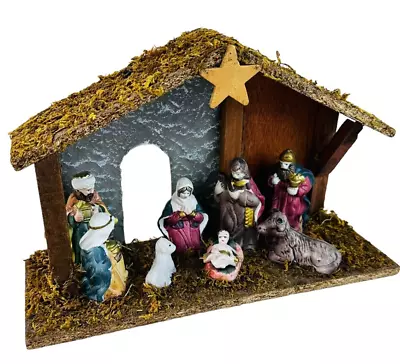 CHRISTMAS NATIVITY SET Vtg Wooden Stable Manger W/8 Affixed Figures 11 W • $19.99