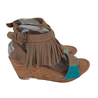 Minnetonka Poppy 71327 Tan Aqua Ankle Strap Fringe Suede Wedge Sandals Ladies 8 • $34.95