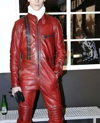 Leather Men Jumpsuit Genuine Lambskin Fashionable Handmade Red Multi Pockets • $200