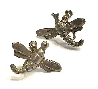 VTG Sterling Silver Dragonfly Screw Back Stud Earrings ~ Mid-Century 1940/ 50s • $32