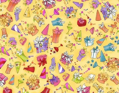 Loralie Designs - Party Toss Yellow Quilting Fabric - With Party Hats & Presents • $12.99