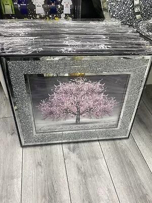 Crushed Diamond Pink Blossom Tree Picture Crystal Liquid Art Wall Hung  Frame • £29.99