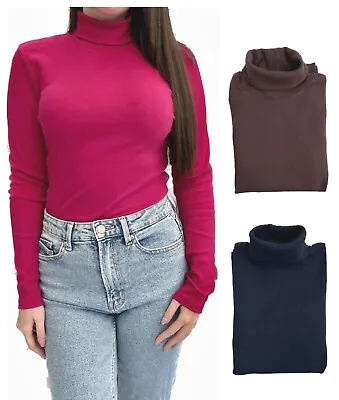 Ex Famous Store Ribbed Roll Neck Top Cotton Slim Pink Navy Brown Long Sleeved • £8.95