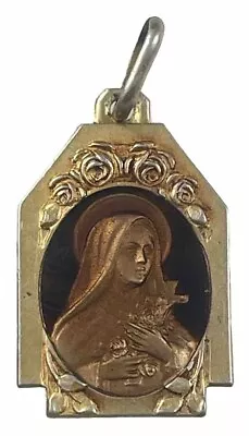 Vintage Catholic St Therese Amber Enamel Gold Tone Religious Medal France • $19.99