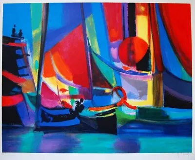 Red Sun) MARCEL MOULY Unframed Lithograph Hand Signed LTD ED. COA Cubist Boats • $1800