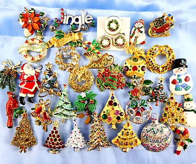 Vintage & Modern Christmas Pin Brooch Jewelry Lot 35 Piece Wreath Trees Santa • $23.50