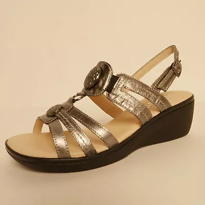 Lotus Bertina Casual Wedge Sandals Pewter Leather Metal Detailing New £29.99 • £29.99