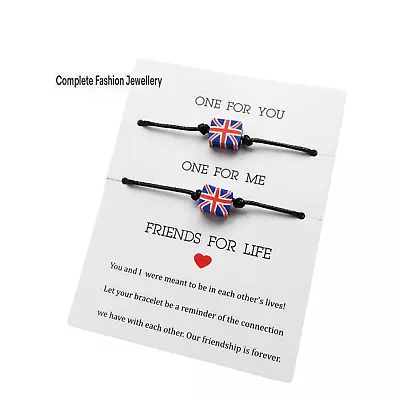 2 FRIENDSHIP BLACK ROPE WITH POLYMER CLAY Union Jack CHARM / CARD GIFT BRACELETS • £2.99