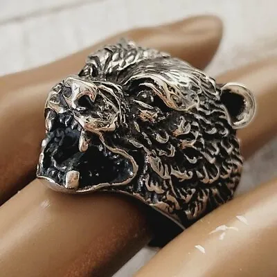 Hungry Angry Huge Grizzly Bear Viking Slavic Silver Tone Biker Metal Ring 8.5 • $25
