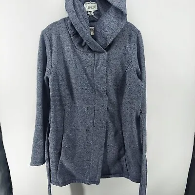 Merona Coat Women Size Large Blue Knit Trench Hooded Tie Belt Attached Casual • $21