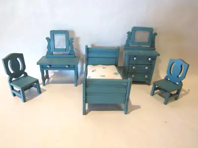 Vintage Schoenhut 5-pc Blue Dollhouse Furniture Bedroom 3/4?  Scale • $65