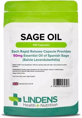 **Lindens Sage Oil Caps (Essential Oil Of Spanish Sage 50mg) (100) For Menopause • £6.99