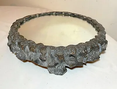 Large Antique Bronze Wood Round Plateau Vanity Jewelry Table Top Mirror Tray • $698.09