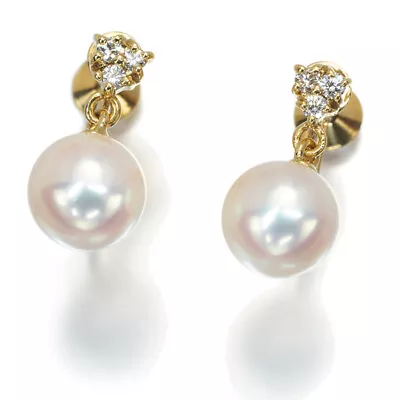 Auth MIKIMOTO Earrings Akoya Pearl 7.0mm Diamond 18K 750 Yellow Gold  • $548.86