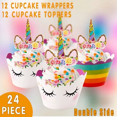 24Pcs Unicorn Cupcake Toppers Wrappers Birthday Party Cake Bunting Lolly AU • $5.64