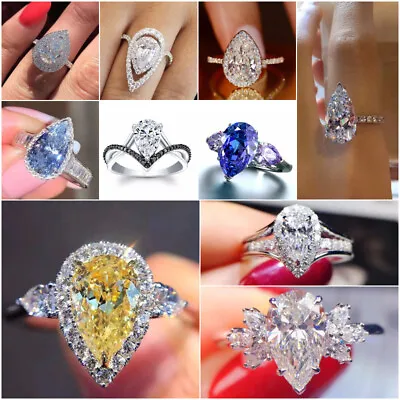 Fashion Pear Cubic Zircon 925 Silver Filled Ring Women Wedding Jewelry Sz 6-10 • $2.19