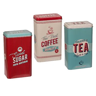 Set Of 3 Rectangular Vintage Tin Tea Coffee Sugar Kitchen Storage Jar Canisters • £14.95