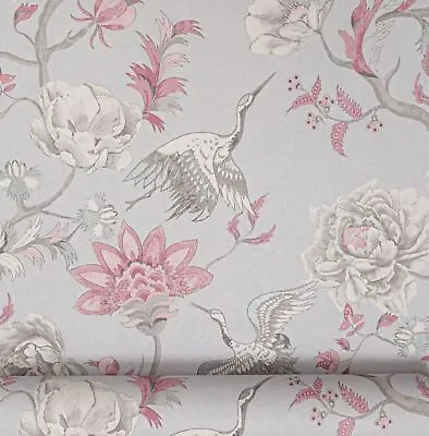 £9.99 • Buy Japanese Crane Birds Floral Grey Silver Pink Textured Vinyl Arthouse Wallpaper