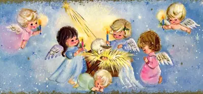 Vintage Pixie ANGELS Christmas Greeting CARD Nativity Scene Baby Jesus MCM Mod • $5.95