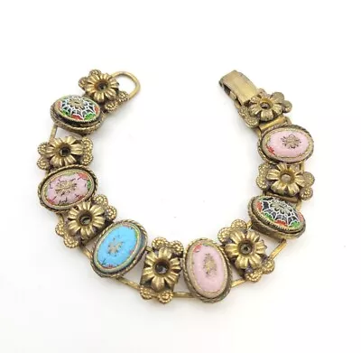 Vintage Victorian Revival 50's Lead Glass Cabochon Brass Book Chain Bracelet 7  • $35.50