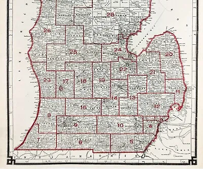 1905 MICHIGAN Map County Railroads Townships Huron Mackinac Political Districts • $10