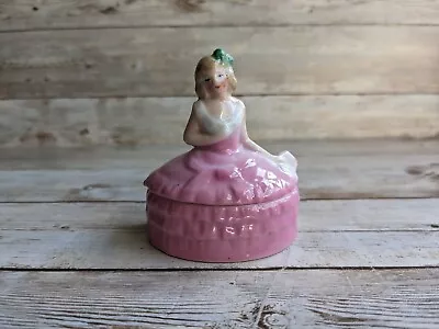 Vintage Victorian Lady Pink Dress Trinket Ring Box Porcelain Germany   • $19