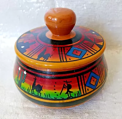 Vintage Cultural Peruvian Llama  Hand Painted Terracotta Clay Round Trinket Box • $10