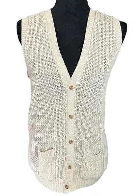 Women’s Vintage Tan Crochet Knit Sleeveless Sweater Vest Pockets Button Up • $15