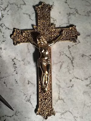 Vintage 9  Ornate Filigree Brass & Gilded Metal Catholic Wall Crucifix INRI  • $15