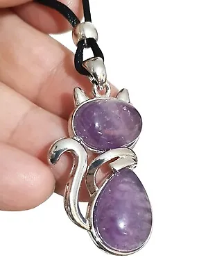 Amethyst Cat Necklace Pendant Large Crystal Gemstone Anxiety Love Stone Corded • £4.95