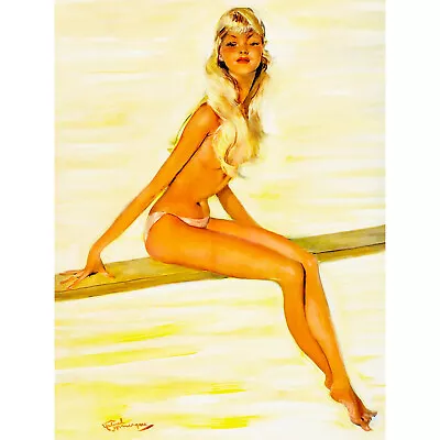 Vintage Photography Woman Sitting On Plank Vintage Painting 30x40 Cms Fine Art P • £11.99