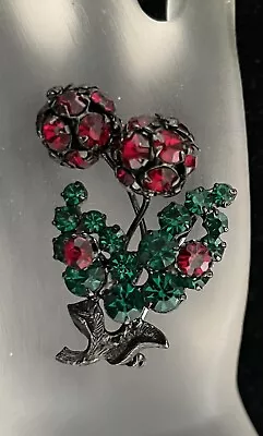 Made In Austria Vintage Ruby Red & Emerald Green Colored Rhinestone Berry Pin • $45