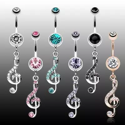 Rose Gold Clef Music Note Belly Ring Clear Pink Black Teal Tanzanite CZ Jewelry • $13.99