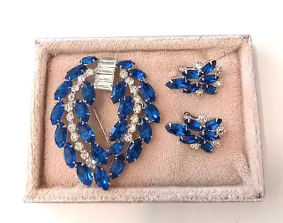 Vintage B. David Blue Rhinestone Crystal Brooch And Clip On Earrings • $19.99